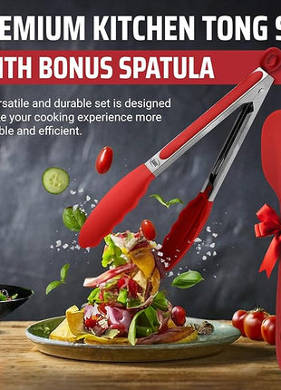 Kaluns Kitchen Tongs for Cooking Grilling Set of 4, BBQ Grill Tongs With Silicone Tip Stainless Steel Heat Resistant, Non-stick Pull Lock, Incl 7, 9, 12 Inch Tong Plus a Silicone Spatula