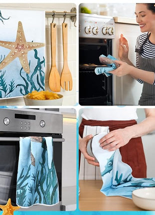 Boyiee Set of 6 Beach Kitchen Towels Sea Ocean Animal Nautical Tea Towels 24 x 16 Inches Kitchen Gifts Turtle Jellyfish Seahorse Hand Dishcloth for Farmhouse Bathroom Decorations
