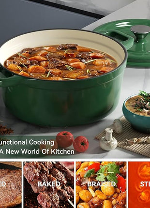 Miereirl 6.5 Quart Enameled Dutch Oven Pot with Lid, Cast Iron Dutch Oven with Dual Handles for Bread Baking, Cooking, Non-stick Enamel Coated Cookware (Green)
