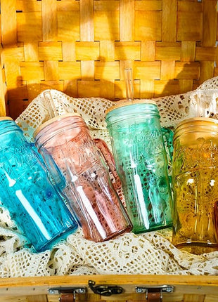 ANOTION Colored Glass Cups with Handle Set of 4, 24oz Glass Cups with Lids and Straws Travel Coffee Mug Bamboo Mason Jar Iced Cup Smoothie Tea Clear Cute Water Drinking Jars Glasses