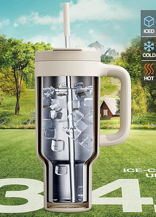 POWCAN 40 oz Tumbler with Handle, 2-in-1 Straw and Sip Lid, Leakproof, Dishwasher Safe, Insulated Stainless Steel Travel Coffee Mug, Keeps Cold for 34 Hours, Fits in Car Cup Holder (Oat)