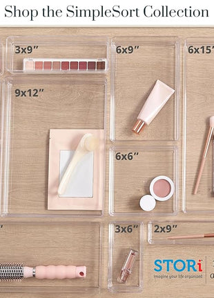 STORi SimpleSort 6-Piece Stackable Clear Drawer Organizer Set | 6" x 6" x 2" Square Trays | Small Makeup Vanity Storage Bins and Office Desk Drawer Dividers | Made in USA