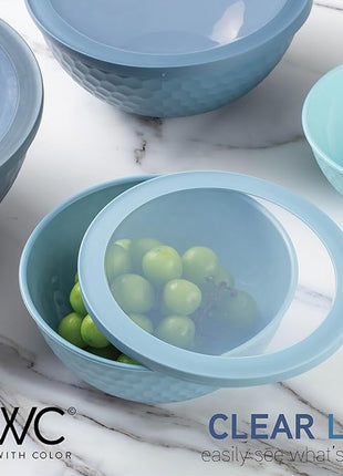 COOK WITH COLOR Mixing Bowls with Lids - 12 Piece Plastic Nesting Bowls Set includes 6 Prep Bowls and 6 Lids, Non Slip Bottom and Embossed Design - Microwave Safe (Blue)