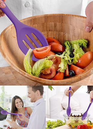 Silicone Spoon for Cooking, BPA Free Silicone Slotted Solid Spoons Set Heat Resistant, Dishwasher Safe Nonstick Silicone Kitchen Serving Spoon Set for Mixing Basting Stirring, Purple