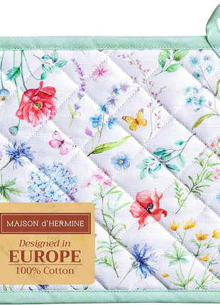 Maison d' Hermine Pot Holders 100% Cotton Heat Resistant Potholders 8" x 8" Hot Pads with Loop BBQ, Cooking, Baking, Grilling, Kitchen, Handling Hot Pans Spring/Summer (Pack of 1, Just Floral)