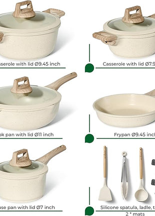 JUST PERFECTO Induction Pots Set - Pan Set with Lid - Induction Pots Set - Pots & Pans Set without PTFE and PFOA - Cookware Pot Set Induction 14Pcs (light beige)