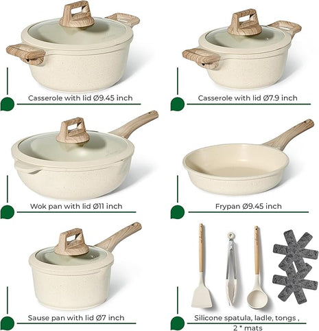 JUST PERFECTO Induction Pots Set - Pan Set with Lid - Induction Pots Set - Pots & Pans Set without PTFE and PFOA - Cookware Pot Set Induction 14Pcs (light beige)