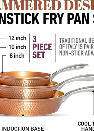 Gotham Steel Hammered Frying Pan Set, 3 Piece Nonstick Copper Fry Pans, 8”, 10” & 12” Skillet, Omelet Pan, Cookware, PFOA Free, Dishwasher Safe, Cool Touch Handle