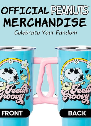 Silver Buffalo Peanuts Featuring Snoopy and Woodstock Feelin' Groovy Stainless Steel Tumbler with Handle and Straw, Fits in Standard Cup Holder, 40 Ounces