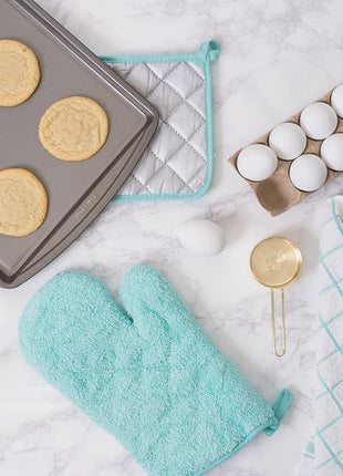 DII Basic Terry Collection 100% Cotton Quilted, Oven Mitt, Aqua, 2 Piece