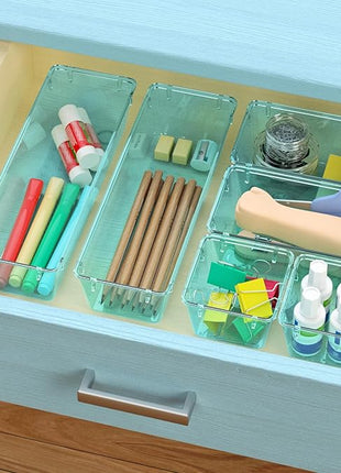 WOWBOX 6 Pack Clear Drawer Organizer Set, Acrylic Drawer Storage Trays, Storage Bins for Makeup, Cosmetics, Jewelries, Utensils, Gadgets, Office, Sea Blue