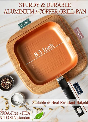Moss & Stone Square Grill Pan For Indoor Cooking, 9.5In Frying Pan Copper Non-Stick Saute Fry Pan, Induction Copper Pan for Meats & Vegetables, Aluminum Griddle Nonstick Stove Top Grill Pan