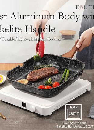 ESLITE LIFE 11 Inch Nonstick Grill Pan with Lid for Indoor Cooking, Versatile Induction Square Large Grilling Skillet Steak Pan for Stove Tops, PTFE & PFOA Free, Black