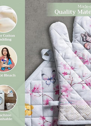 Maison d' Hermine 100% Cotton Oven Mitt & Pot Holder Set (7.5"x13" & 8"x8") Heat Resistant BBQ Cooking Gloves with Loop, Baking, Grilling, Kitchen, Handling Hot Pans Spring/Summer (Blossoms In Spring)