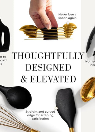 Styled Settings Black and Gold Kitchen Utensils Set – 15-Piece Cooking Set Includes Black Silicone Utensils, Gold Utensil Holder, and Magnetic Measuring Spoons – Stylish Kitchen Accessories