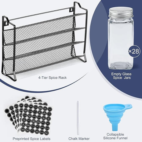 AOZITA Spice Rack Organizer with 28 Empty Spice Jars with Silver Lids, Funnel, Labels - Seasoning Organizer for Countertop, Cabinet, Kitchen, Pantry