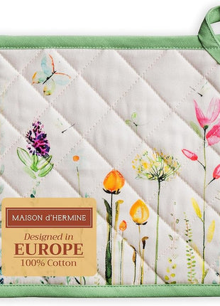 Maison d' Hermine Pot Holders 100% Cotton Heat Resistant Potholders 8" x 8" Hot Pads with Loop BBQ, Cooking, Baking, Grilling, Kitchen, Handling Hot Pans Spring/Summer (Pack of 1, Botanical Fresh)