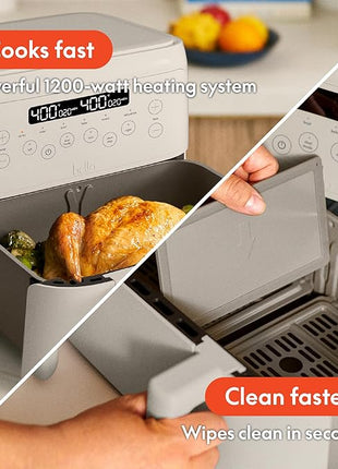 bella 4 Qt TriZone Air Fryer, EverGood™ Ceramic Nonstick Coating, Dual Basket Design w Removable Divider, Digital Touchscreen Control w 6 Preset Cooking Options, 1200 Watt, 3lb Capacity, Oatmilk