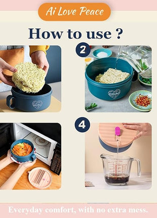 AI LOVE PEACE Ramen Bowl, 40 oz Microwaveable Noodle Cooker for Ramen, Pho, Soup, and Pasta, Dishwasher Safe and Portable, Ideal for Home, Office, Dorm, or Gift (Pink)
