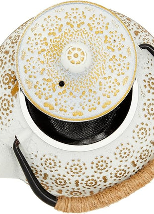 Juvale Stovetop Cast Iron Tea Kettle with Infuser - Superior Heat Retention Loose Leaf Tea Pot - Built-In Teapot with Strainer - Includes Trivet & Infuser Kettle - White, 27 Oz (800 ml)