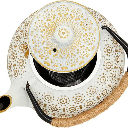 Juvale Stovetop Cast Iron Tea Kettle with Infuser - Superior Heat Retention Loose Leaf Tea Pot - Built-In Teapot with Strainer - Includes Trivet & Infuser Kettle - White, 27 Oz (800 ml)