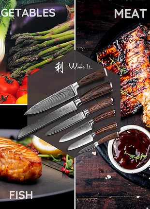 Wakoli EDIB 6-Piece Damascus Knife Set – Professional Chef Knives Set with VG10 Core Blades, 67-Layer Damascus Steel and Ergonomic Pakkawood Handles – Premium Kitchen Knives in Wooden Gift Box