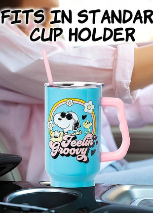 Silver Buffalo Peanuts Featuring Snoopy and Woodstock Feelin' Groovy Stainless Steel Tumbler with Handle and Straw, Fits in Standard Cup Holder, 40 Ounces