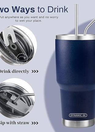 D·S 30 oz Navy Tumbler Stainless Steel Double Wall Vacuum Insulated Mug with Straw and Lid, Cleaning Brush for Cold and Hot Beverages
