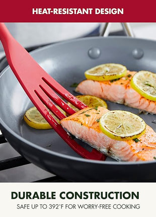 GreenPan Silicone Fish Turner Spatula, Slotted Cooking Kitchen Utensil, Flexible Rubber Nonstick Cookware, Rigid Steel Core, Heat-Resistant, Anti-Slip Handle, BPA-Free, Dishwasher Safe, Red