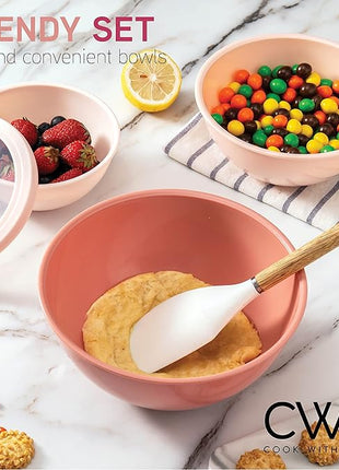 COOK WITH COLOR Mixing Bowls with TPR Lids - 12 Piece Plastic Nesting Bowls Set includes 6 Prep Bowls and 6 Lids, Microwave Safe (Rose)