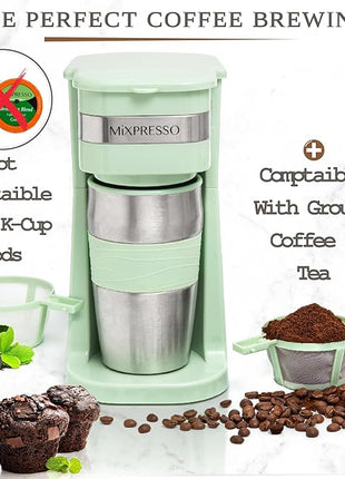 Mixpresso Green Personal Single Serve Coffee Maker with 14oz Travel Mug, Drip Small Coffee Maker with Auto Shut Off, Reusable Filter, Works with Ground Coffee Only – Not for K-Cup Pods