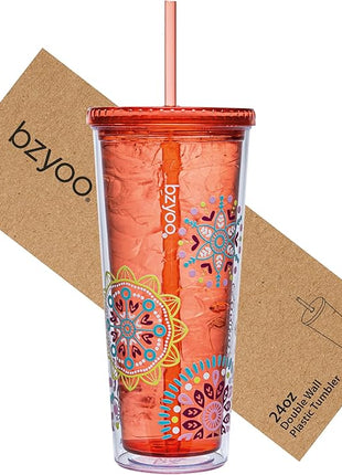 bzyoo SIP 24oz (710ml) Double Wall Plastic Tumbler with Lid and Straw Cold Drink Travel Mug Reusable Party Cup Perfect for Ice Coffee, Tea Office Poolside Parties Gifts Color: Medallion Orange