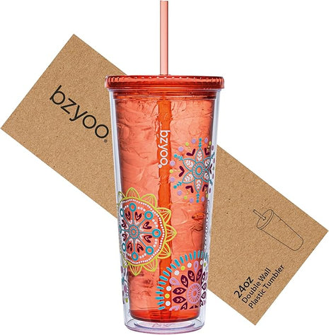 bzyoo SIP 24oz (710ml) Double Wall Plastic Tumbler with Lid and Straw Cold Drink Travel Mug Reusable Party Cup Perfect for Ice Coffee, Tea Office Poolside Parties Gifts Color: Medallion Orange