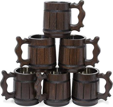 Set of 6 Beer Mug 20 OZ - Tankard Mug - Beer stein - Wooden beer mug - Stainless Steel Cup - Handmade Gifts for Men - Fathers Day, Christmas or Birthday Gift Idea - Retro Brown
