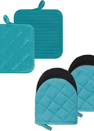 Oven Mitts and Pot Holders Set, Pack of 4, Heat Resistant Silicone Kitchen Mini Oven Mittens for 500 Degrees, Mini Oven Gloves and Hot Pads for Baking Grilling Barbecue Microwave Machine Washable