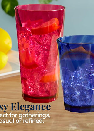 US Acrylic Optix Plastic Reusable Drinking Glasses (Set of 16) 14oz Rocks & 20oz Water Cups in Jewel Tone Colors | BPA-Free Tumblers, Made in USA | Top-Rack Dishwasher Safe
