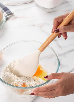 Country Kitchen Non Stick Silicone Utensil Set with Rounded Wood Handles for Cooking and Baking, 14 Piece Set, Khaki