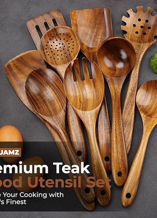 SPATUAMZ Wooden Spoons for Cooking, Teak Wood Nonstick Kitchen Utensils Set, Non-Toxic Wooden Spatula Set of 9 for Any Kitchen