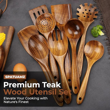 SPATUAMZ Wooden Spoons for Cooking, Teak Wood Nonstick Kitchen Utensils Set, Non-Toxic Wooden Spatula Set of 9 for Any Kitchen