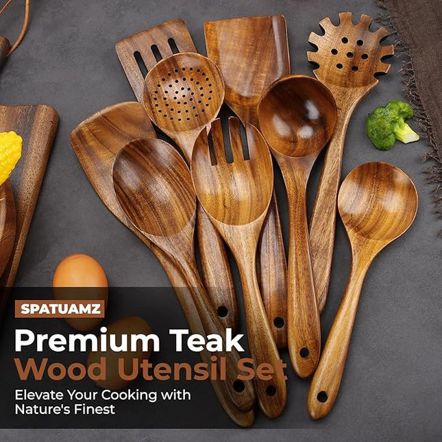 SPATUAMZ Wooden Spoons for Cooking, Teak Wood Nonstick Kitchen Utensils Set, Non-Toxic Wooden Spatula Set of 9 for Any Kitchen