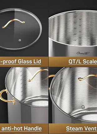 Stock Pot 20 Quart, 3 Ply Stainless Steel Stock Pot with Lid, 20 Quart Soup Pot with Copper Handle, Healthy Stockpots, Induction, Oven, Gas and Dishwasher Safe