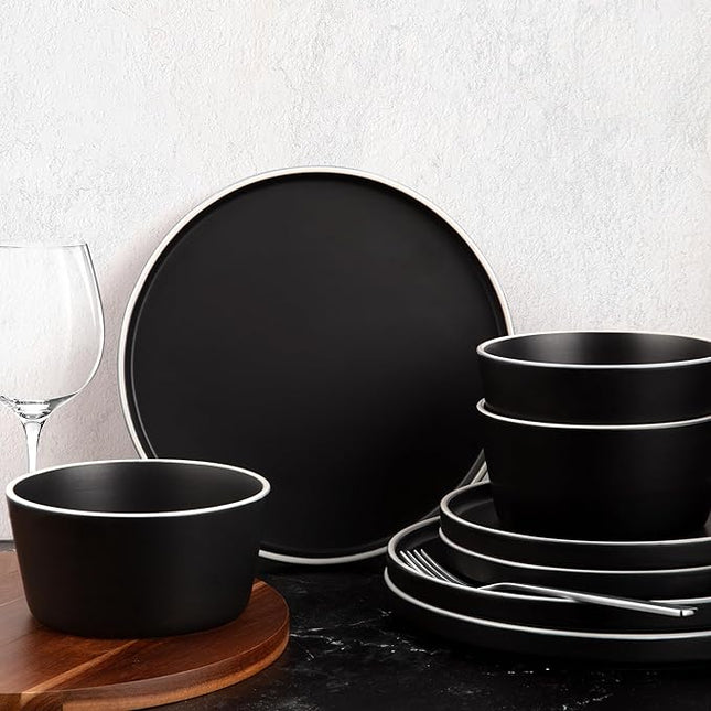 Zulay Kitchen Terra Stoneware Dinnerware Set, Artisanal Ceramic Plates and Bowls Set Crafted at 2300℉ - Service for 4, Black Matte with White Rim