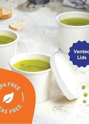 Stack Man Paper Food Container with Lid, Insulated Food Cups with Vented Lids - Hot or Cold To Go Soup Cup, for Soups, Ice Cream and Yogurt - Eco-Friendly - White