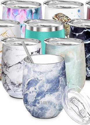 THILY Vacuum Insulated Stemless Wine Tumbler Stainless Steel Travel Wine Glass with Lid and Straw, Reusable, Portable, BPA Free, Keep Beer Cold, Blue Marble