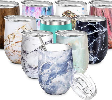 THILY Vacuum Insulated Stemless Wine Tumbler Stainless Steel Travel Wine Glass with Lid and Straw, Reusable, Portable, BPA Free, Keep Beer Cold, Blue Marble