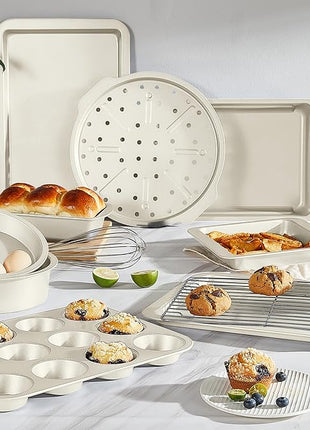 HONGBAKE Bakeware Sets, Baking Pans Set, Nonstick Oven Pan for Kitchen with Wider Grips, 10-Piece Including Rack, Cookie Sheet, Cake Pans, Loaf Pan, Muffin Pan, Pizza Pan -Cream