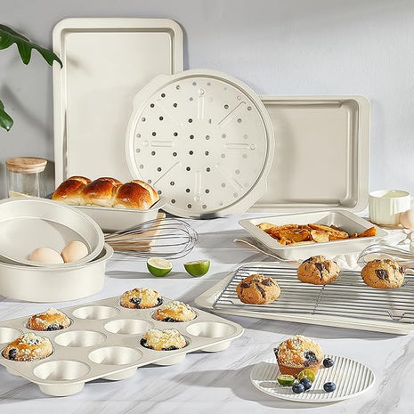 HONGBAKE Bakeware Sets, Baking Pans Set, Nonstick Oven Pan for Kitchen with Wider Grips, 10-Piece Including Rack, Cookie Sheet, Cake Pans, Loaf Pan, Muffin Pan, Pizza Pan -Cream
