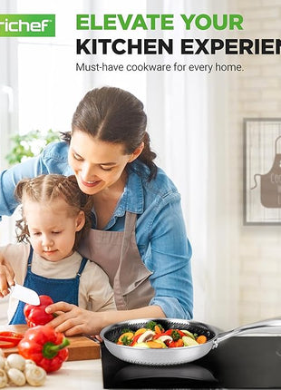 NutriChef 8" Stainless Steel Frying Pan - Triply Kitchenware Stir Fry Pan Kitchen Cookware w/DAKIN Etching Non-Stick Coating, Scratch-resistant Raised-up Honeycomb Fire Textured Pattern - NC3PL8