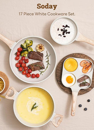 17 Pcs Pots and Pans Set Non stick，Cookware Sets White Granite Induction Cookware, Non-toxic Healthy Non Stick Kitchen Cooking Set with Frying Pans Set, Saucepans (PFAS, PFOA, PFOS Free) White