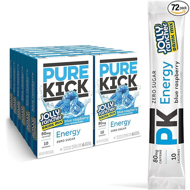 PURE KICK Energy Singles To Go Drink Mix, Jolly Rancher Blue Raspberry, Includes 12 Boxes with 6 Packets in each Box, 72 Total Packets